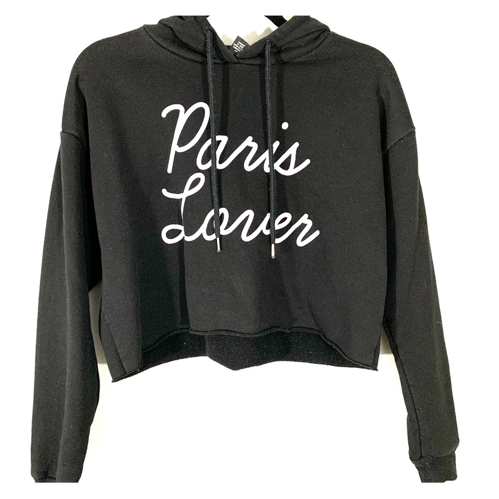 Forever21 Black Paris Lover Cropped Hooded Sweater